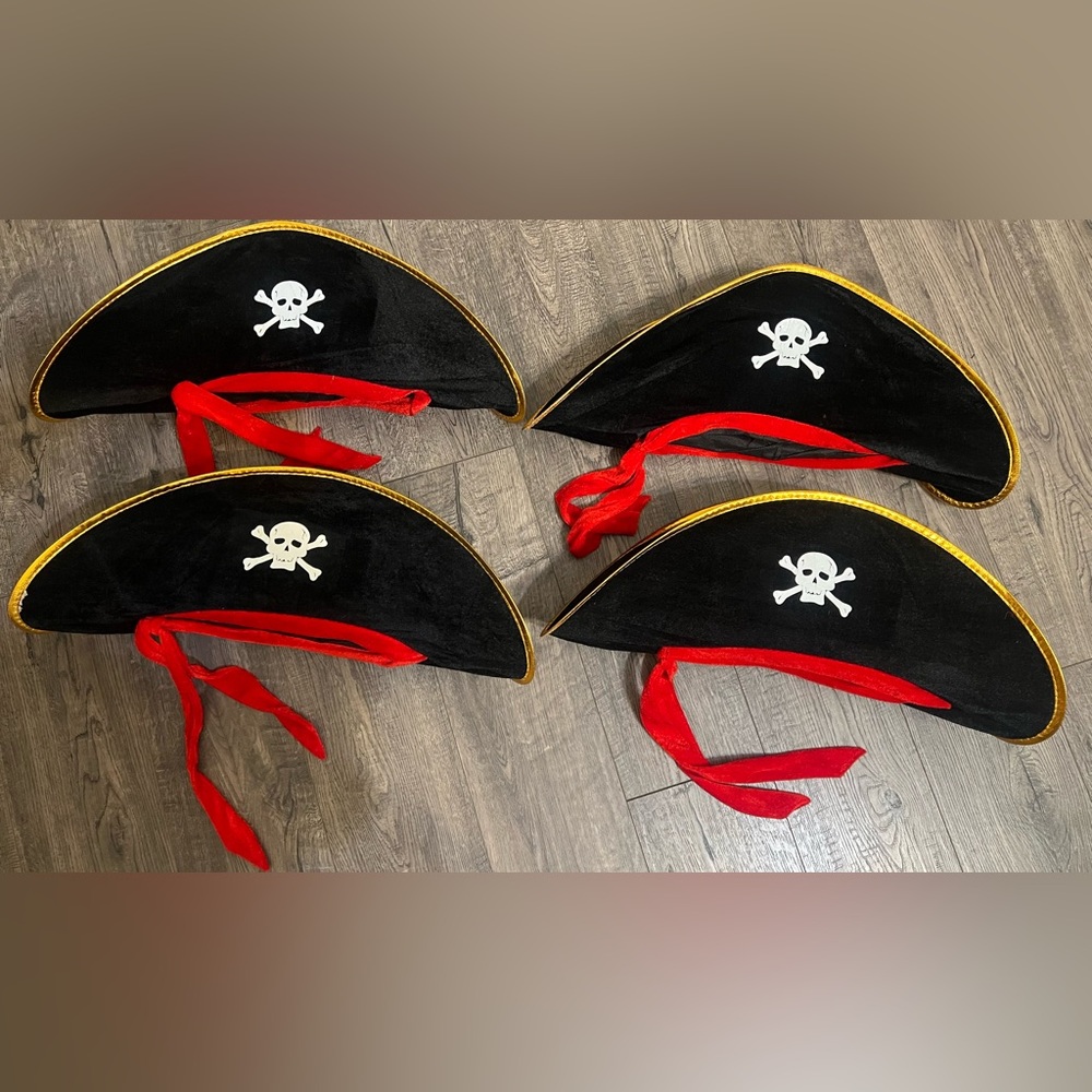 3- Black Pirate Hats with Red Trim and 3 eye patches